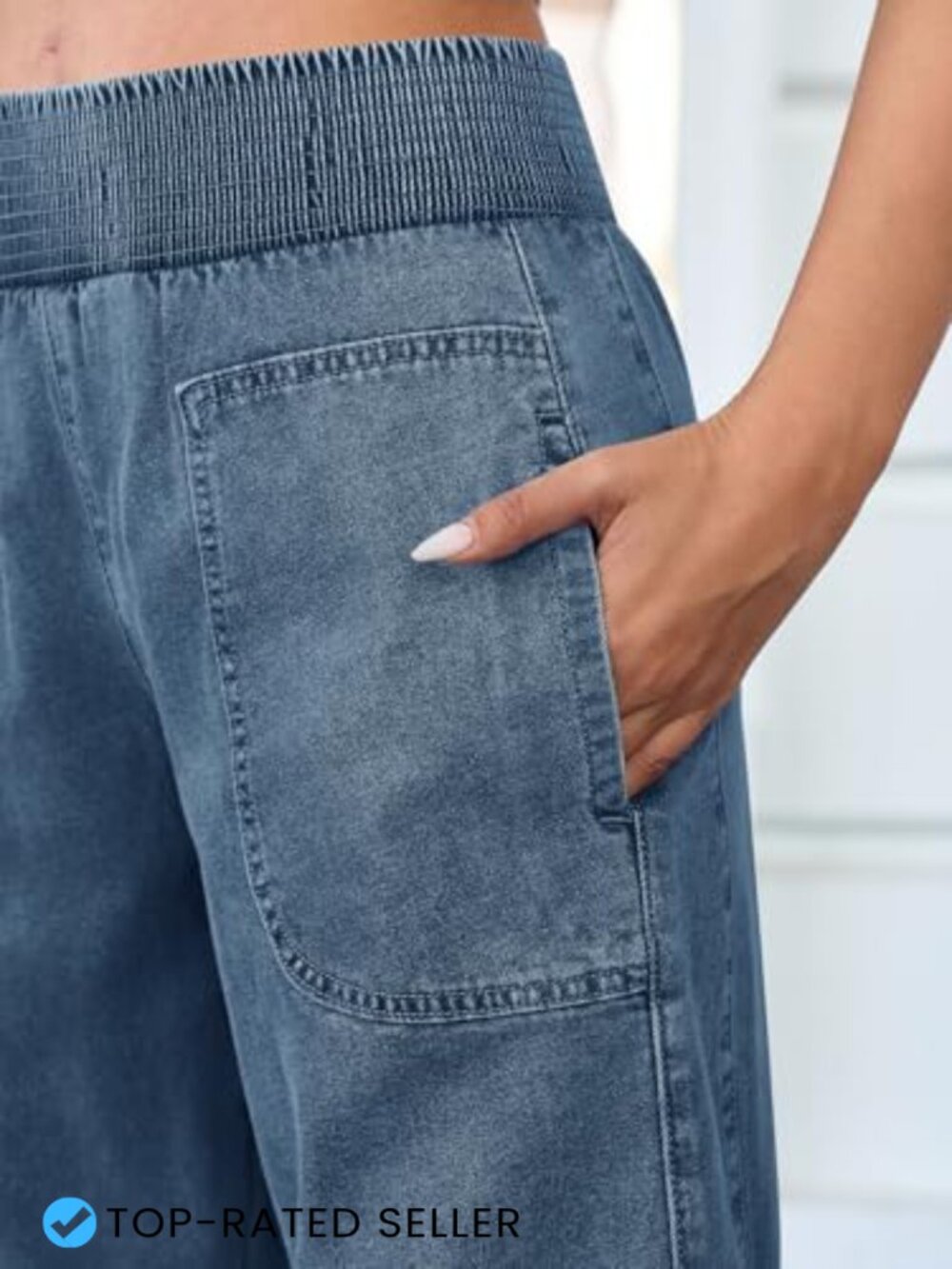 High Waisted Smocked Barrel Jeans Wide Leg Pull On Denim Pants Casual Lounge - Picture 4 of 6